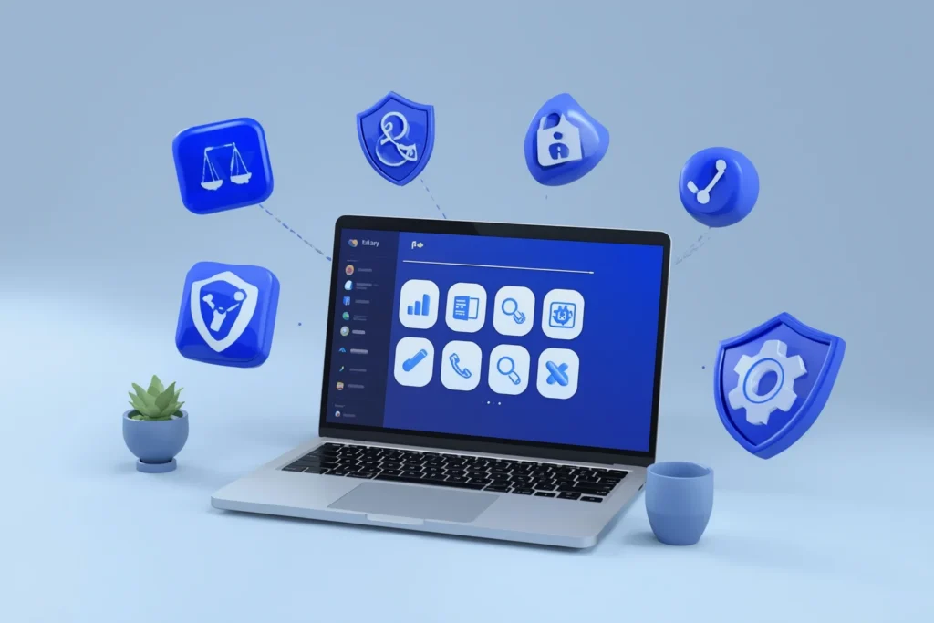 Illustration of a laptop surrounded by a balance scale, shield, credit card padlock and accessibility icons representing US website compliance
