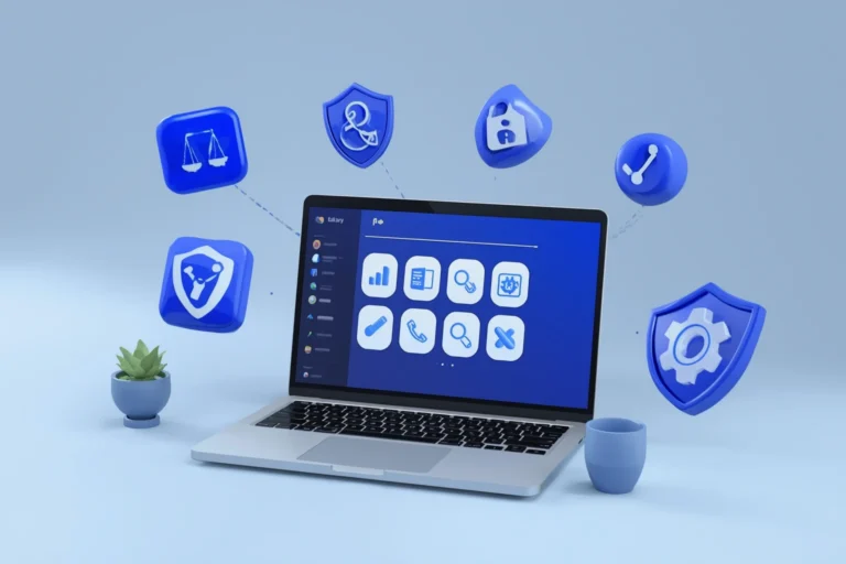 Illustration of a laptop surrounded by a balance scale, shield, credit card padlock and accessibility icons representing US website compliance