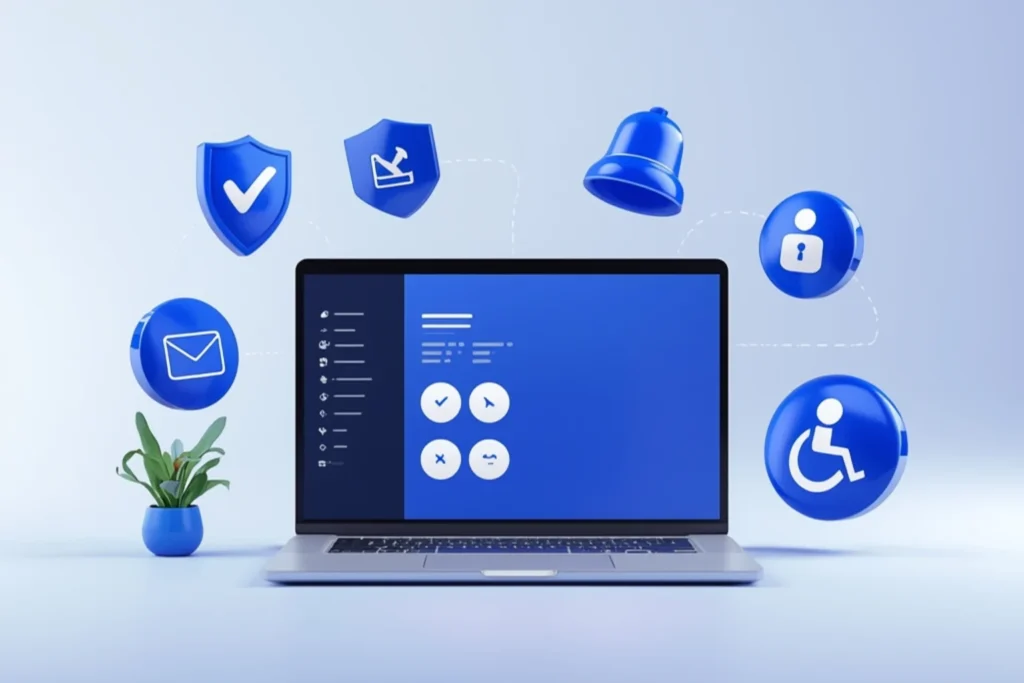 Illustration of a laptop surrounded by shield, envelope, bell, padlock, clock and accessibility icons representing Australian website compliance