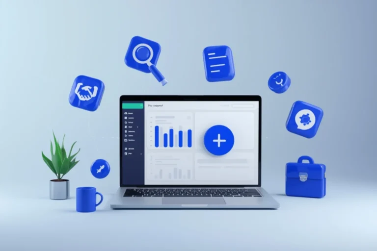 Illustration of a laptop surrounded by 3D icons (handshake, magnifying glass, clipboard checklist, gear, star rating badge, briefcase) for the article "Choosing a WordPress Development Partner as an Agency"