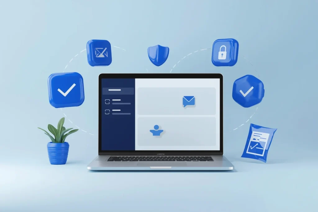 Illustration of a laptop surrounded by envelope, shield, speech bubble, padlock and accessibility icons representing Canadian website compliance