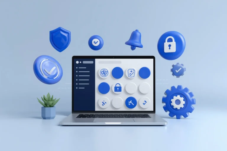 Illustration of a laptop surrounded by cookie, shield, padlock, notification bell and checklist icons representing UK website compliance